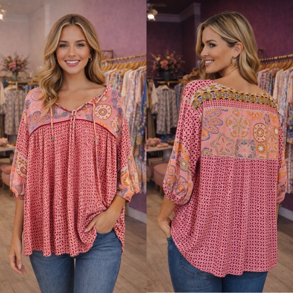 Boho Pink Print V Neck 3/4 Sleeve Tie Front Top! - Picture 1 of 5